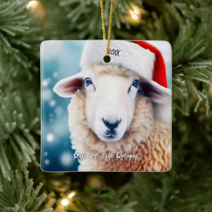 Cute Sheep Wearing Santa Hat jul Julgransprydnad Keramik