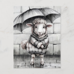 Cute Sheep with Parbrella Black and White Vykort