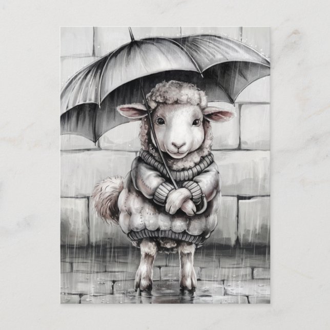 Cute Sheep with Parbrella Black and White Vykort (Framsida)