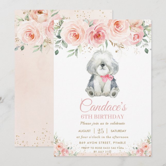 Cute Sheepdog Puppy Hund Rosa Blommigt Girl Birthd Inbjudningar (Fram/baksida)