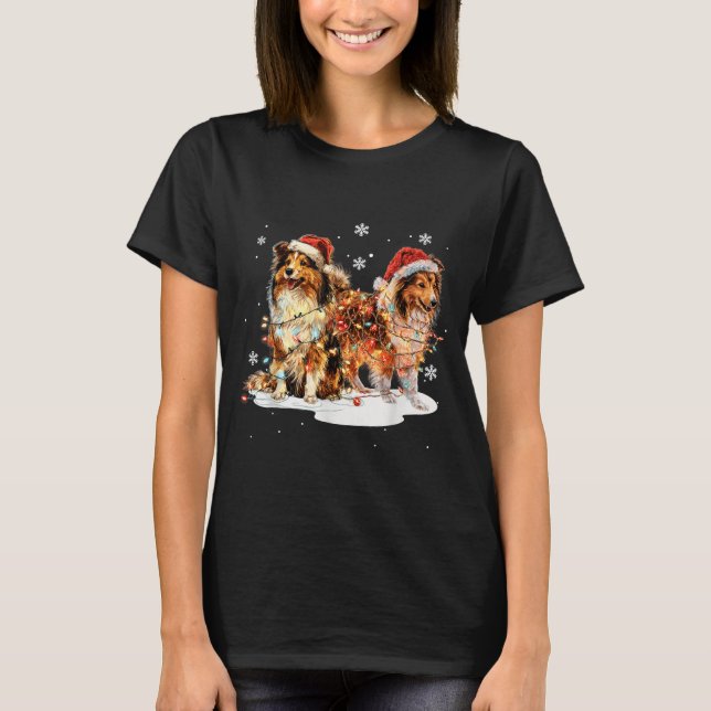 Cute Shetland Sheepdog Dog Christmas Lights Xmas H T Shirt (Framsida)
