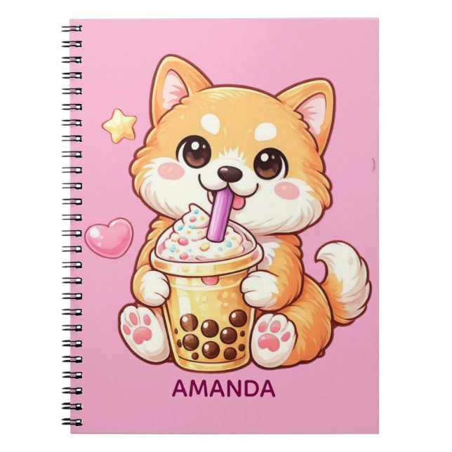  Cute Shiba Inu Dog Drinking Bubble Tea Add Name Anteckningsbok (Framsidan)