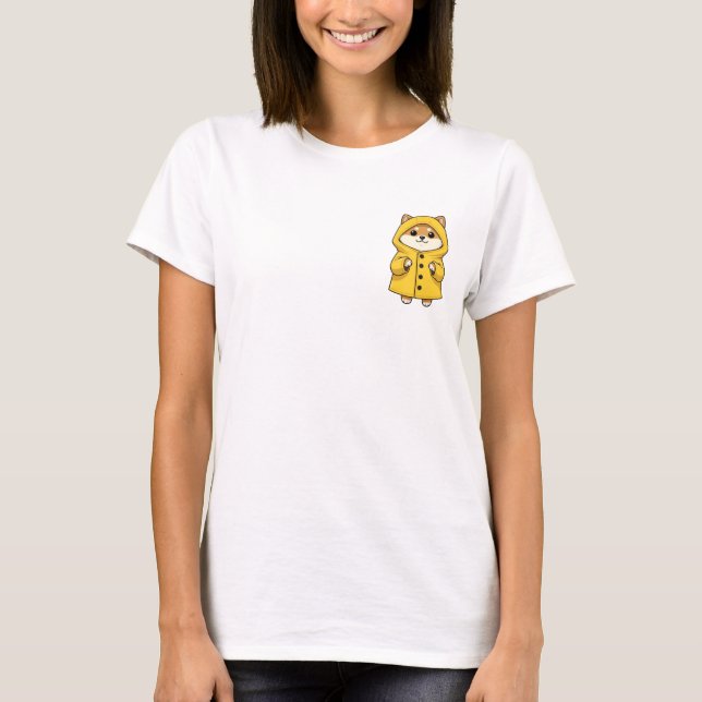 Cute Shiba Inu Dog Wearing Yellow Raincoat Cartoon T Shirt (Framsida)
