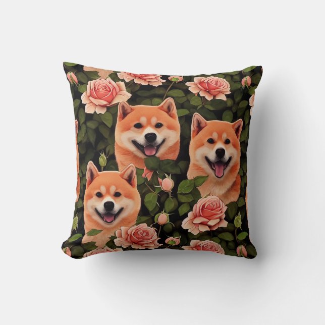 Cute Shiba Inu Enchanted Rosa ros Garden Kudde (Framsida)