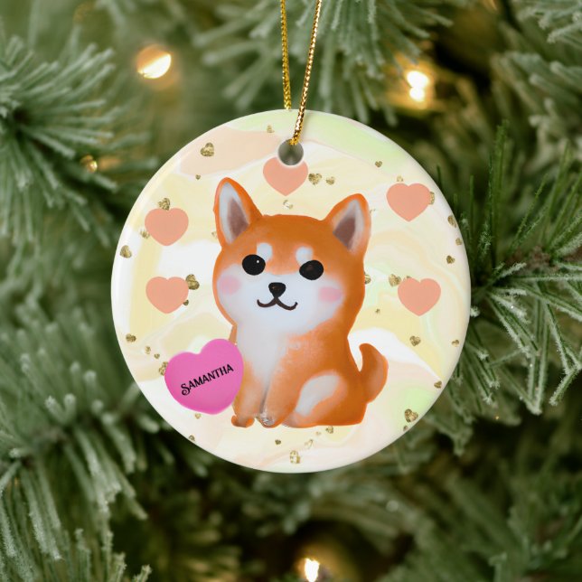 Cute Shiba Inu Hearts | för Hund älskare Julgransprydnad Keramik (Träd)