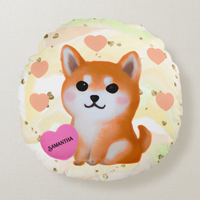 Cute Shiba Inu Hearts | för Hund älskare Rund Kudde (Framsidan)