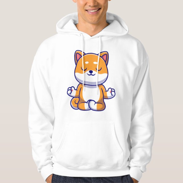 Cute shiba inu hund gör yoga meditation tecknad hoodie (Framsida)