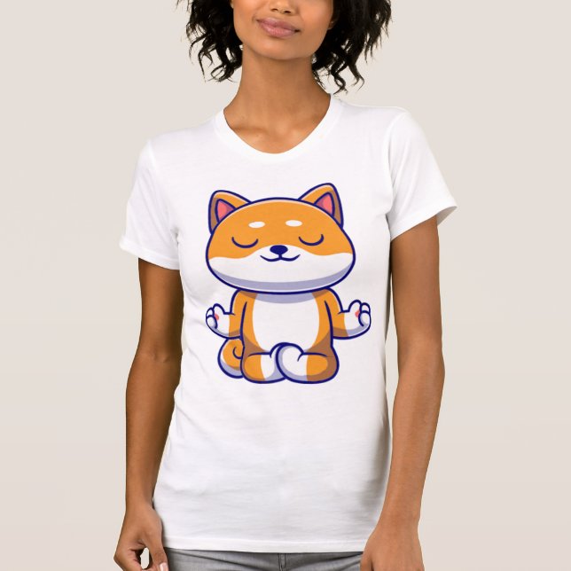 Cute shiba inu hund gör yoga meditation tecknad t shirt (Framsida)