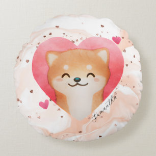Cute Shiba Inu i ett hjärta Rund Kudde