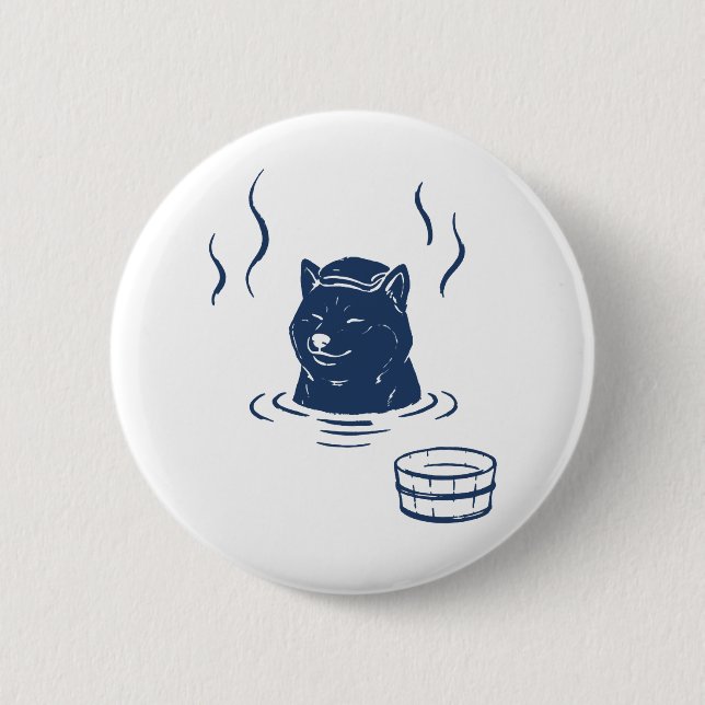 Cute Shiba Inu Onsen Hot Spring Pin Button Knapp (Framsida)