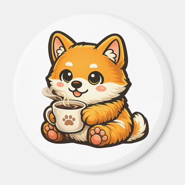 Cute Shiba Inu with Coffee – Cozy Dog Illustration Magnet (Framsidan)