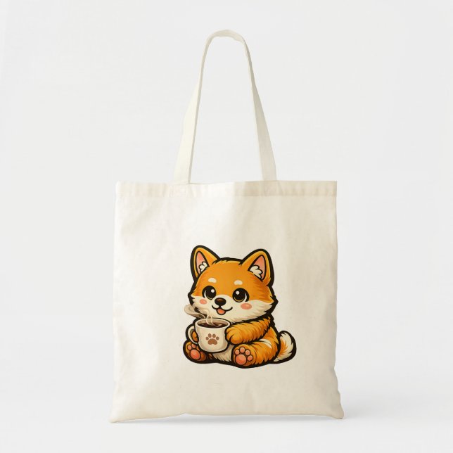 Cute Shiba Inu with Coffee – Cozy Dog Illustration Tygkasse (Framsidan)