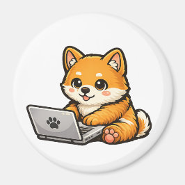 Cute Shiba Inu with Laptop – Cozy Dog Illustration Magnet