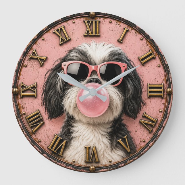 Cute Shih Tzu Blowing Pink Bubble Gum Stor Klocka (Framsida)