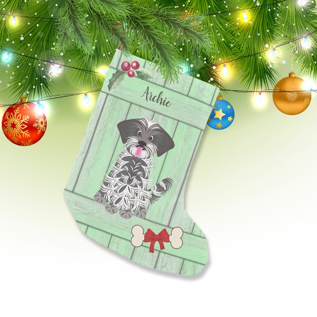 Cute Shih Tzu Boy Grönt Wood Monogram Liten Julstrumpa (Skapare uppladdad)
