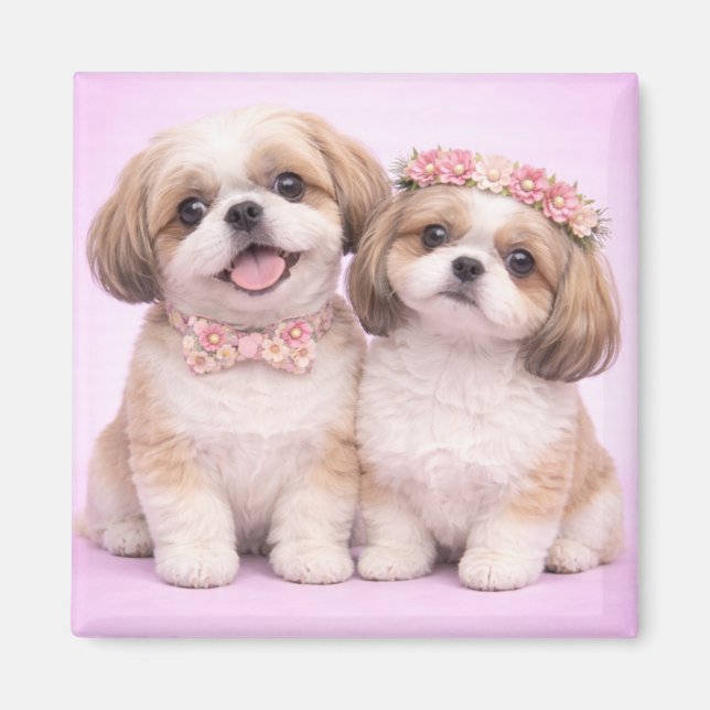 Cute Shih Tzu Couple Valentine Illustration Magnet (Framsidan)