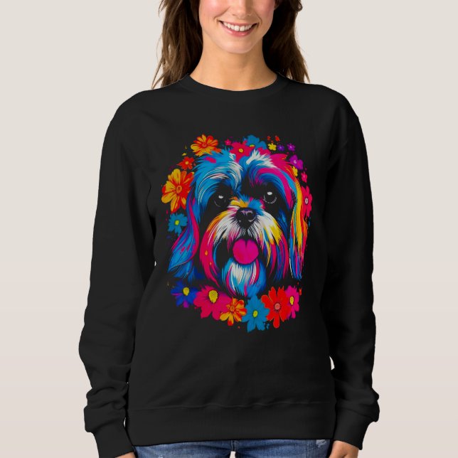 Cute Shih Tzu Dog Flowers T Shirt (Framsida)