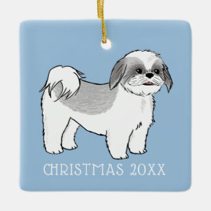 Cute Shih Tzu Grått och White Tecknad hund Anpassn Julgransprydnad Keramik