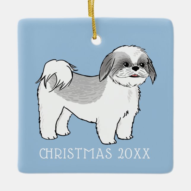 Cute Shih Tzu Grått och White Tecknad hund Anpassn Julgransprydnad Keramik (Framsida)