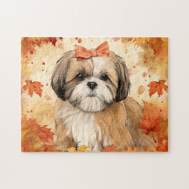 Cute Shih-tzu Hund/Autumn/Fall Pussel (Horisontell)