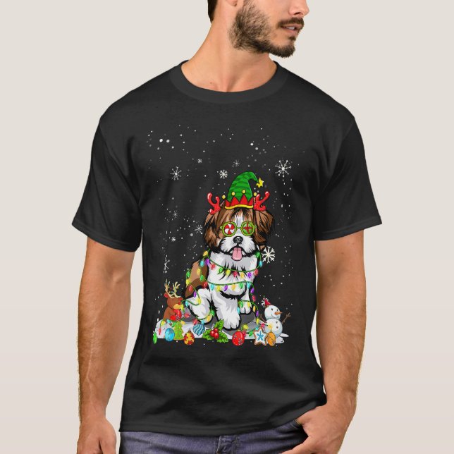 Cute Shih Tzu Hund Elf Hat jul Ljus Julafton T Shirt (Framsida)