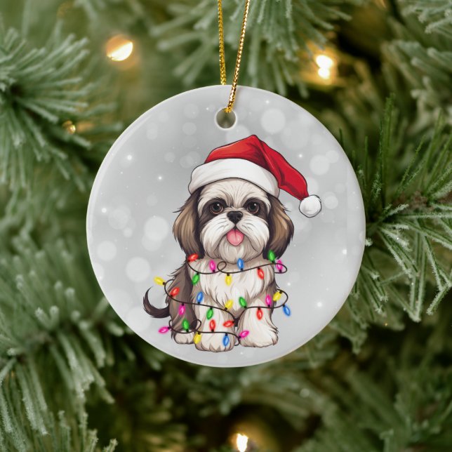 Cute Shih Tzu Hund, inkapslad i julklapp Ljus Julgransprydnad Keramik (Träd)