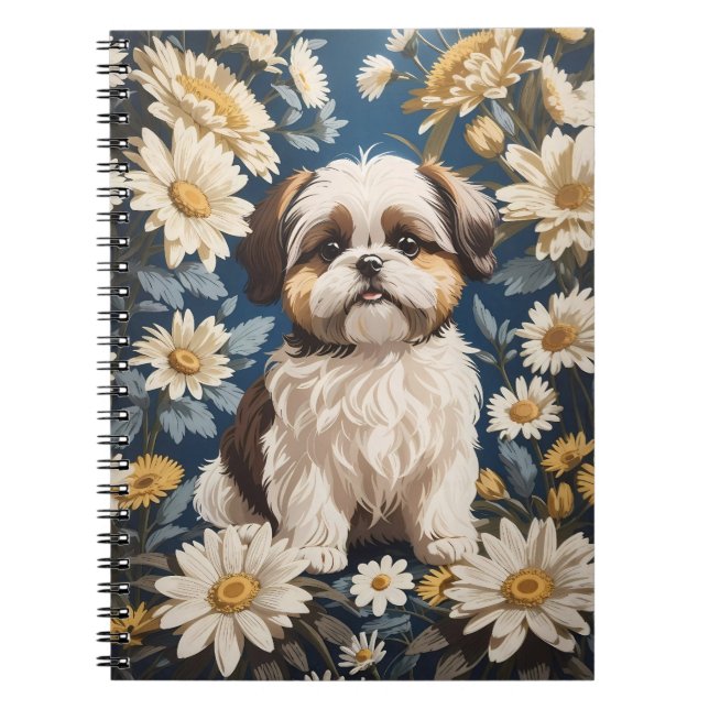 Cute Shih Tzu Hund White Daisy Flowers Anteckningsbok (Framsidan)