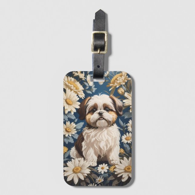 Cute Shih Tzu Hund White Daisy Flowers Bagagebricka (Framsida vertikal)