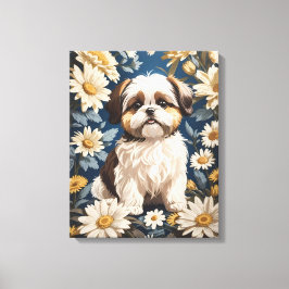 Cute Shih Tzu Hund White Daisy Flowers Canvastryck