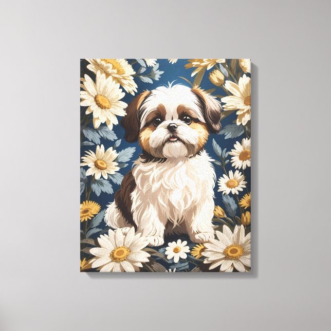 Cute Shih Tzu Hund White Daisy Flowers Canvastryck (Framsida)