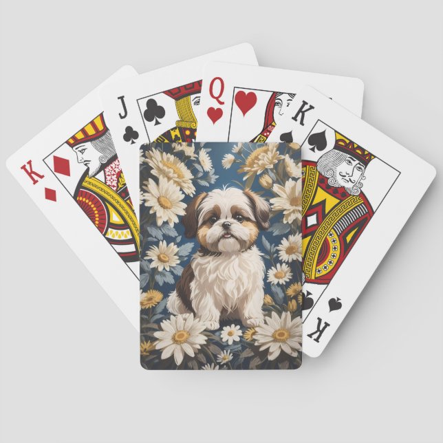 Cute Shih Tzu Hund White Daisy Flowers Casinokort (Baksidan)