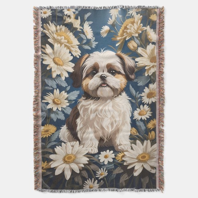 Cute Shih Tzu Hund White Daisy Flowers Filt (Framsidan Vertikal)