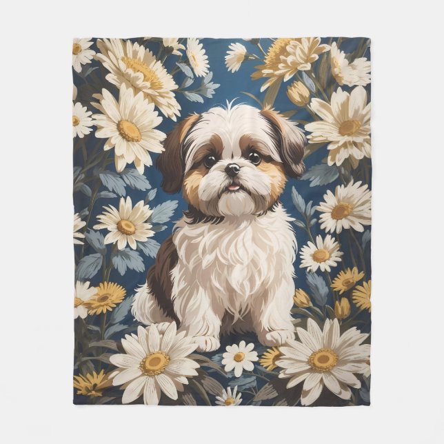 Cute Shih Tzu Hund White Daisy Flowers Fleecefilt (Framsidan)