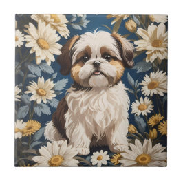 Cute Shih Tzu Hund White Daisy Flowers Kakelplatta