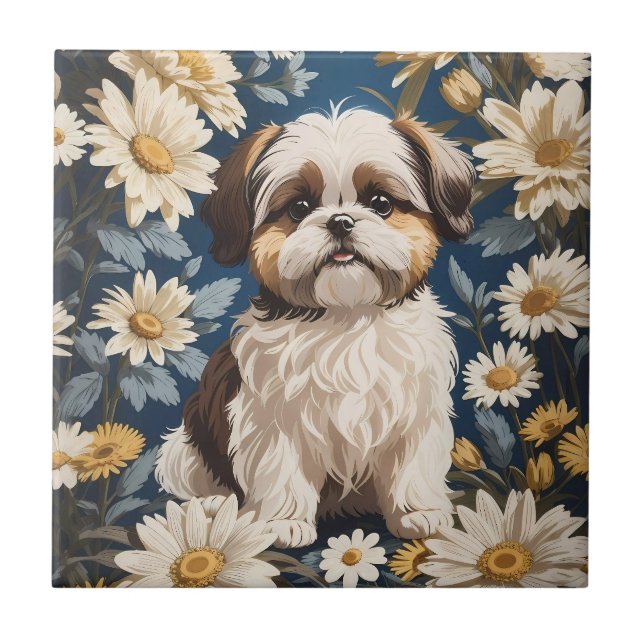 Cute Shih Tzu Hund White Daisy Flowers Kakelplatta (Framsidan)