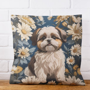 Cute Shih Tzu Hund White Daisy Flowers Kudde
