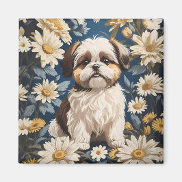 Cute Shih Tzu Hund White Daisy Flowers Magnet