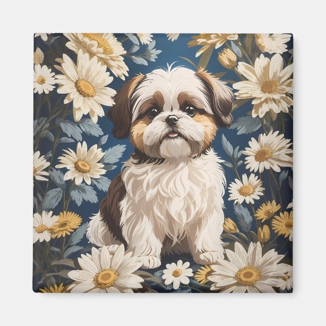 Cute Shih Tzu Hund White Daisy Flowers Magnet (Framsidan)