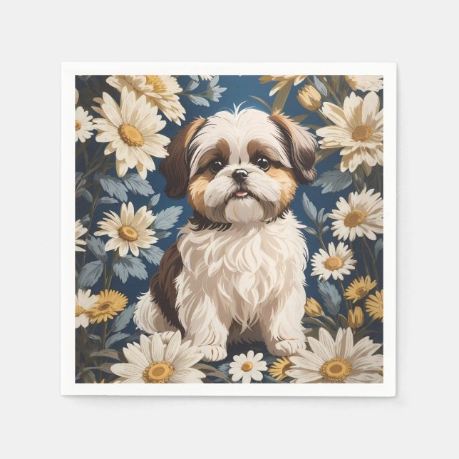 Cute Shih Tzu Hund White Daisy Flowers Pappersservett (Framsidan)