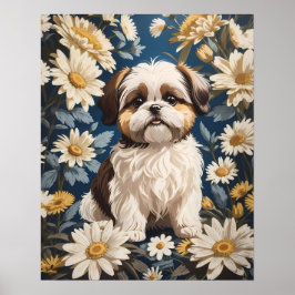 Cute Shih Tzu Hund White Daisy Flowers Poster