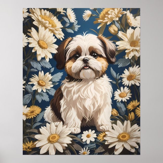 Cute Shih Tzu Hund White Daisy Flowers Poster (Framsidan)