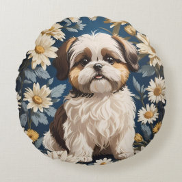 Cute Shih Tzu Hund White Daisy Flowers Rund Kudde