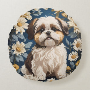 Cute Shih Tzu Hund White Daisy Flowers Rund Kudde
