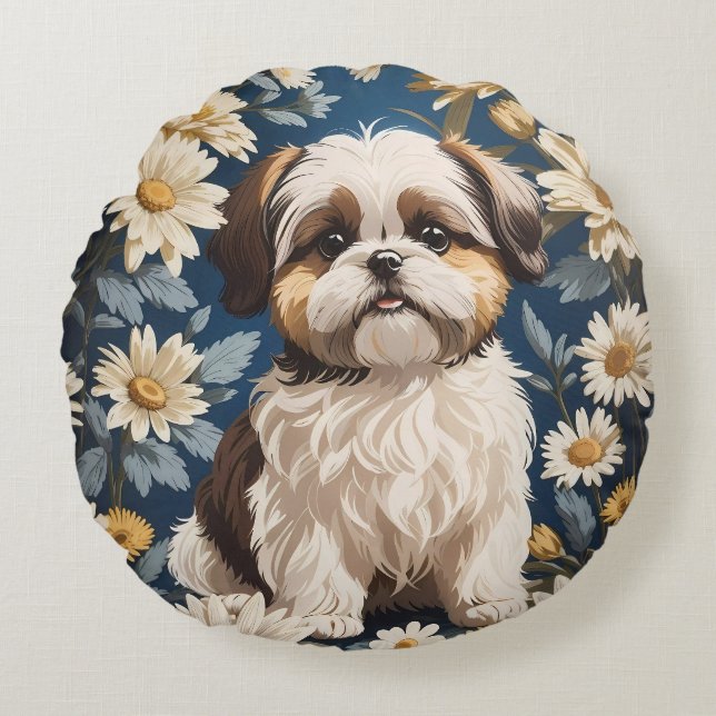 Cute Shih Tzu Hund White Daisy Flowers Rund Kudde (Framsidan)