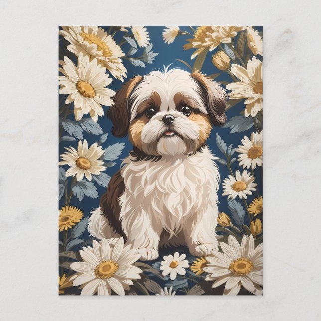 Cute Shih Tzu Hund White Daisy Flowers Vykort (Framsida)