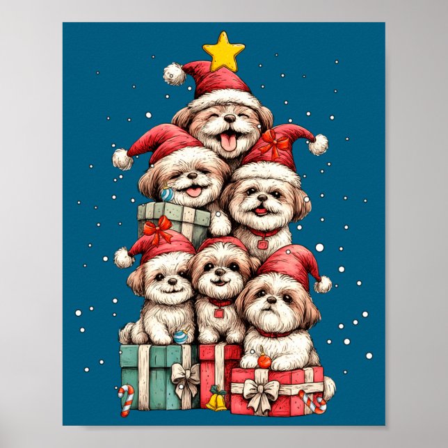 Cute Shih Tzu Le Dog Christmas Tree Xmas Hat Long  Poster (Framsidan)