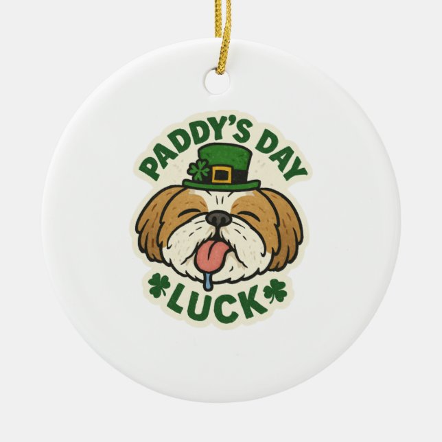 Cute Shih Tzu Lucky Leprechaun St.Patrick's Day Julgransprydnad Keramik (Framsidan)