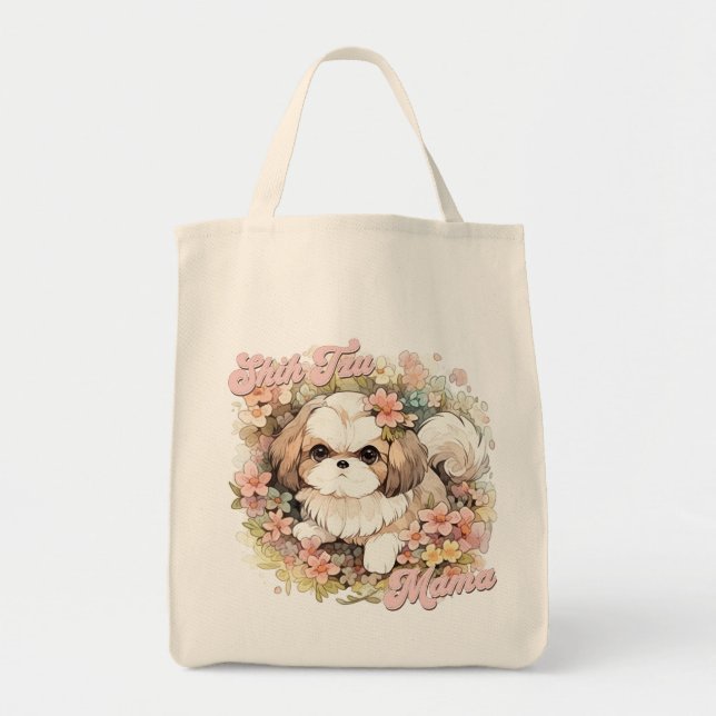 Cute Shih Tzu Mamma Funny Retro Blommigt Tygkasse (Framsidan)