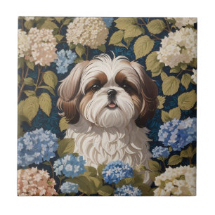 Cute Shih Tzu Puppy Blue hydrangea blommor Kakelplatta