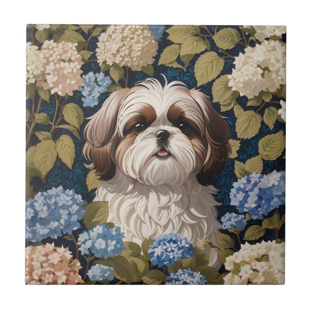 Cute Shih Tzu Puppy Blue hydrangea blommor Kakelplatta (Framsidan)